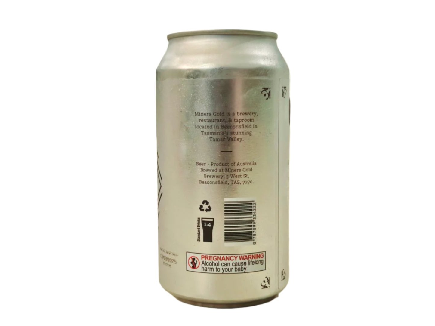 A photo of the back of a can of A-frame Pilsner beer that is made by Miners Gold Brewery. The can is silver and the background is plain white.