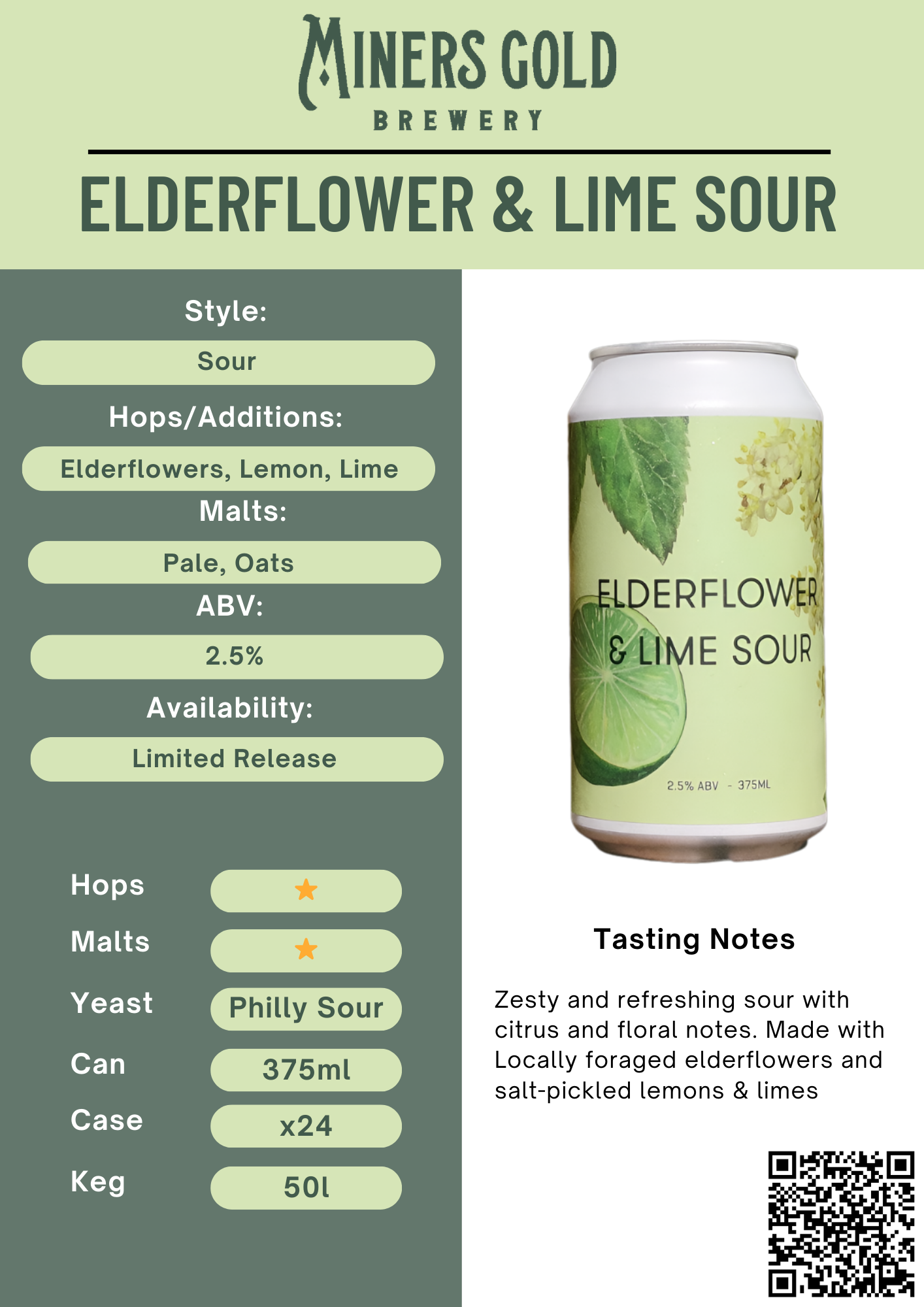 An informational brew and tasteing flyer for Elderflower and Lime Sour beer brewed by Miners Gold Brewery