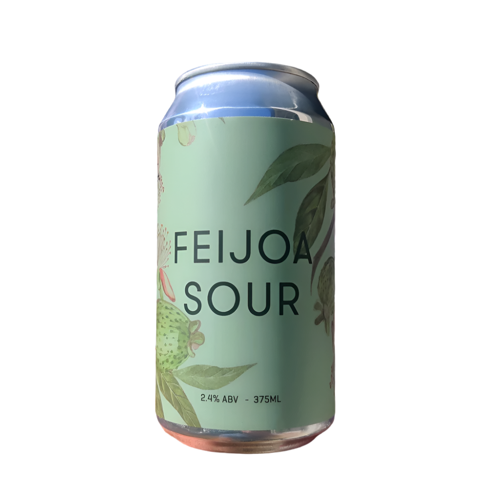 Photo of a sealed can of Feijoa Sour beer with nothing in the background.