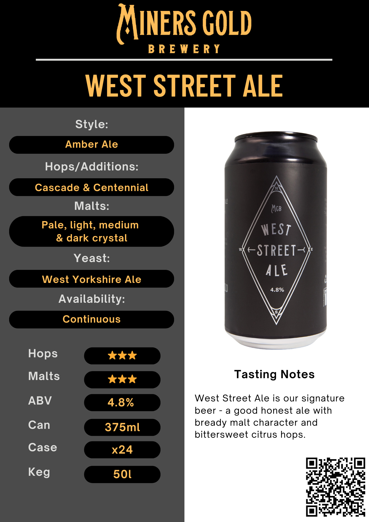 An informational brew and tasting flyer for Miners Gold Brewery's West Street Ale which is an Amber Ale. The flyer has all the information about the brew from hops and malt bill through to tasting notes.