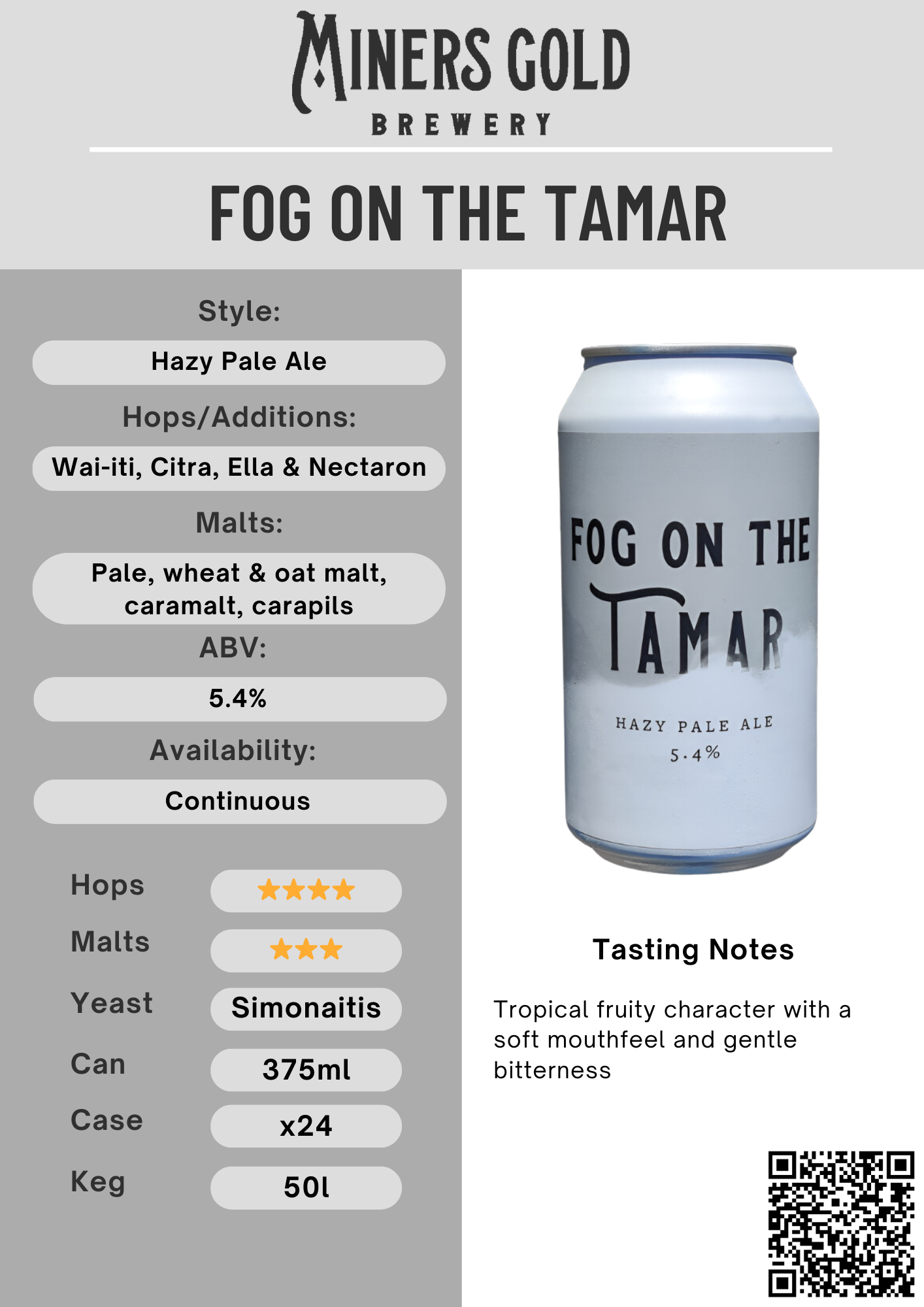 An informational brew and tasteing flyer for Fog on the Tamar which is a hazy Pale Ale beer brewed by Miners Gold Brewery