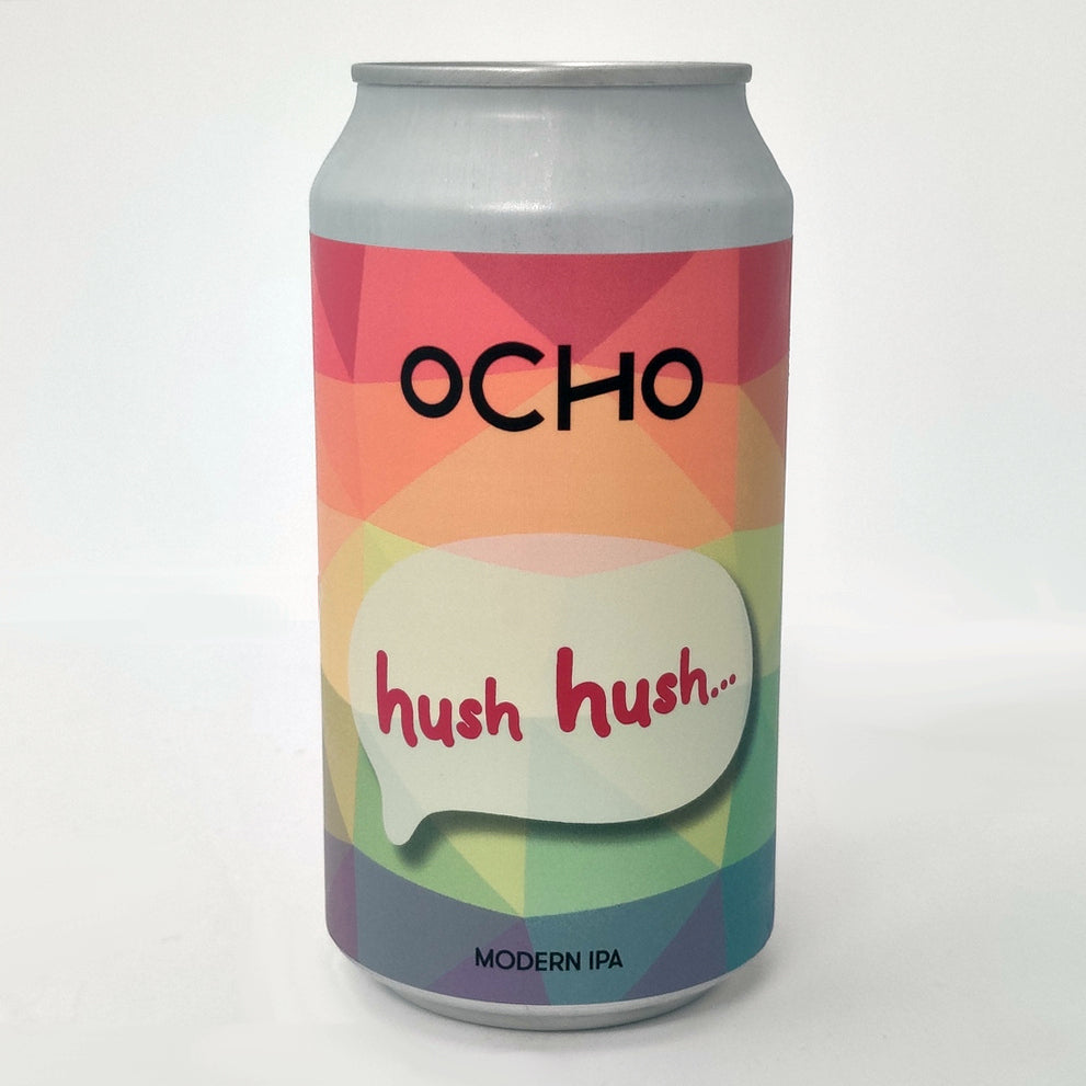 A photo of a can of india pale ale called Hush Hush Session IPA beer. The photo has a white background.