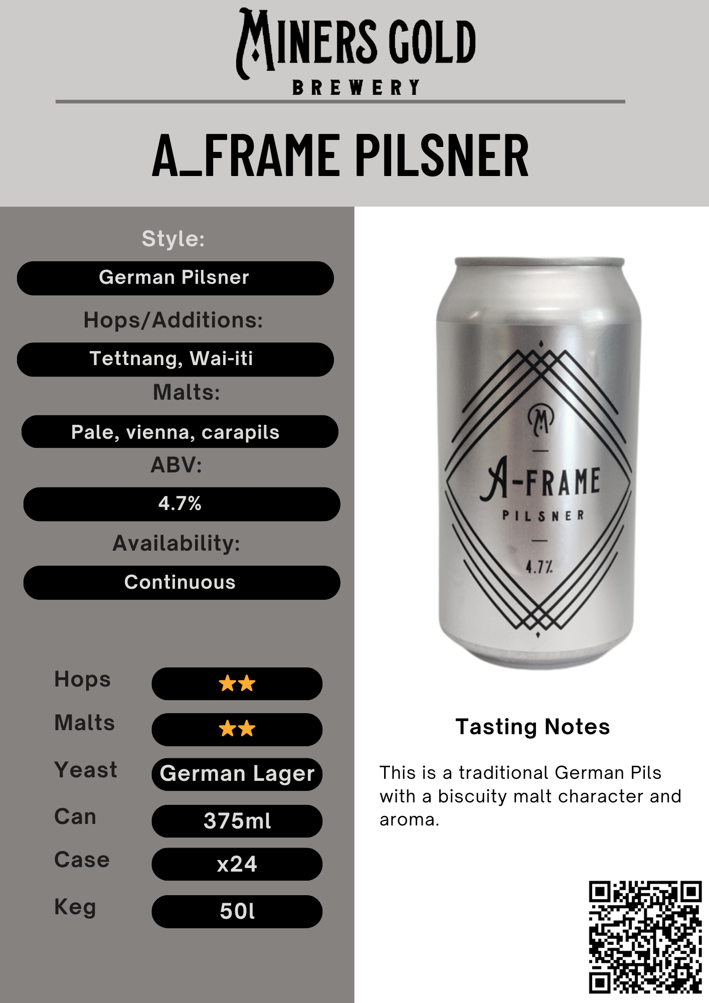 an informational flyer with all the brew info on A-frame Pilsner beer.