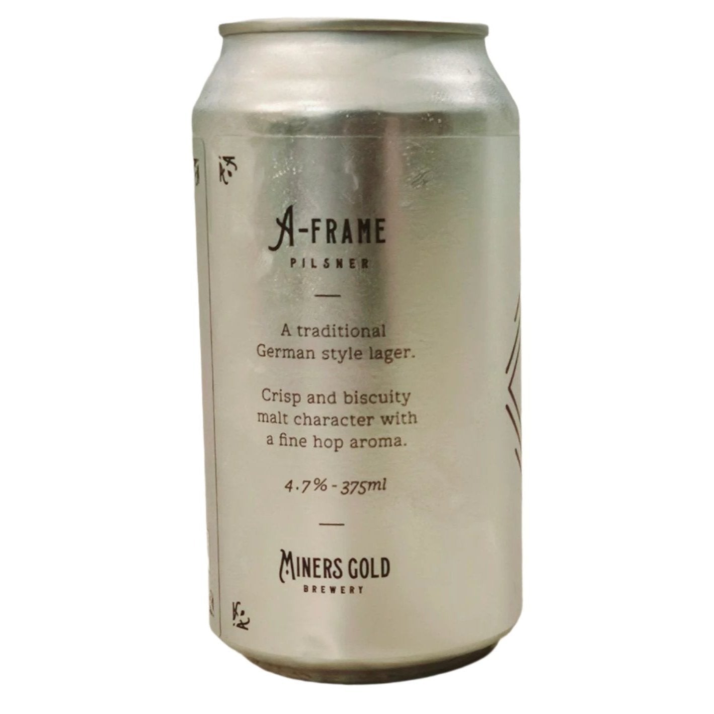 A photo of a silver can of A-frame Pilsner beer with a plain white background. The tasting notes are visible in the picture