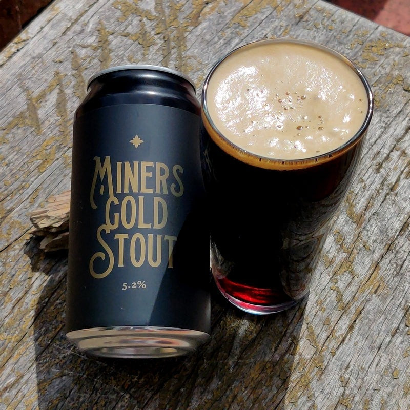 This is a photo of a can of Miners Gold Stout with a Schooner glass next to it that is also full of Miners Gold Stout. The photo was taken on an outsite table.